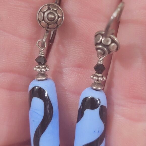 925 Sterling Silver Blue Glass 3" Dangle Earrings - Picture 3 of 7